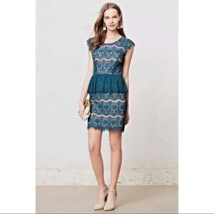ANTHROPOLOGIE MAEVE Elsa Green Lace Peplum Sheath Dress Size XS
